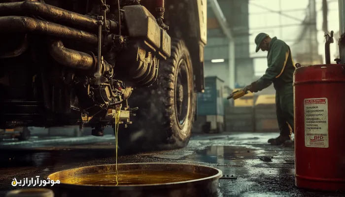روغن موتور تخلیهشده روی زمین کارگاه، با نمایی از تکنسین در پسزمینه که در حال بررسی وضعیت فنی خودرو است؛ صحنهای از فرایند سرویس موتور در محیط صنعتی.