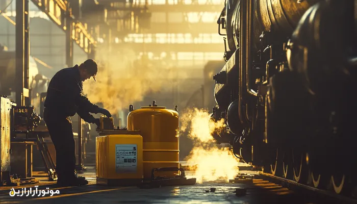 تکنسین فنی در حال بررسی و تعویض روغن موتور یک لوکوموتیو دیزلی در کارگاه تعمیرات صنعتی