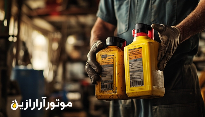 تصویر یک تعمیرکار که دو نوع روغن موتور در دست دارد