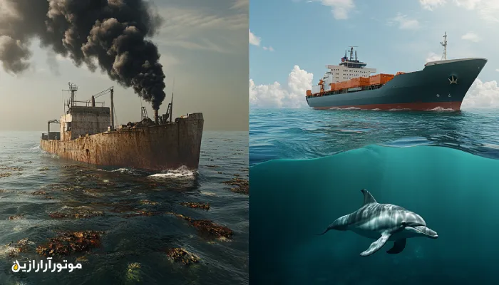 تصویر واقعی از دو کشتی باری در دریا؛ یکی با دود سیاه و نشتی روغن در آب، و دیگری با اگزوز پاک، آب زلال و اثرات زیستمحیطی کمتر