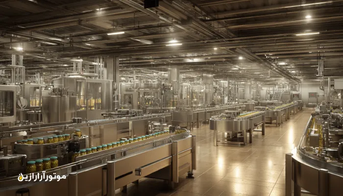 نمایی از خط تولید تماماتوماتیک کنسرو خیارشور در کارخانهای مدرن با ماشینآلات استیل و محیطی کاملاً تمیز و مرتب. نورپردازی با تُن زرد گرم، حس بهداشتی و حرفهای را القا میکند. هیچ کارگری در تصویر دیده نمیشود.