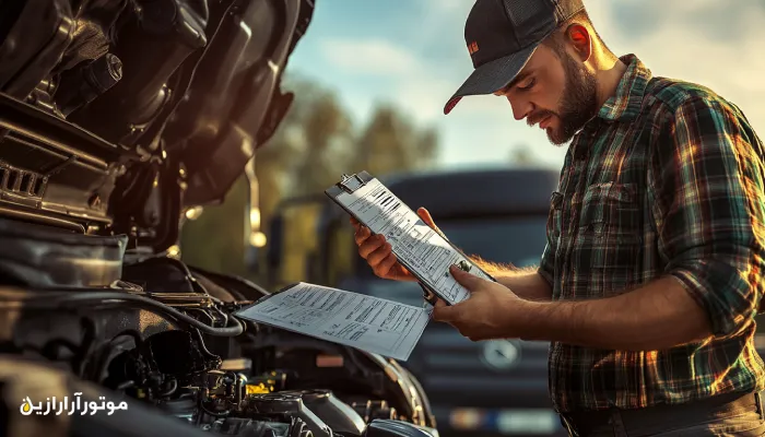تکنسین کامیون در حال بررسی روغن موتور با چکلیست پیش از آغاز سفر بینشهری