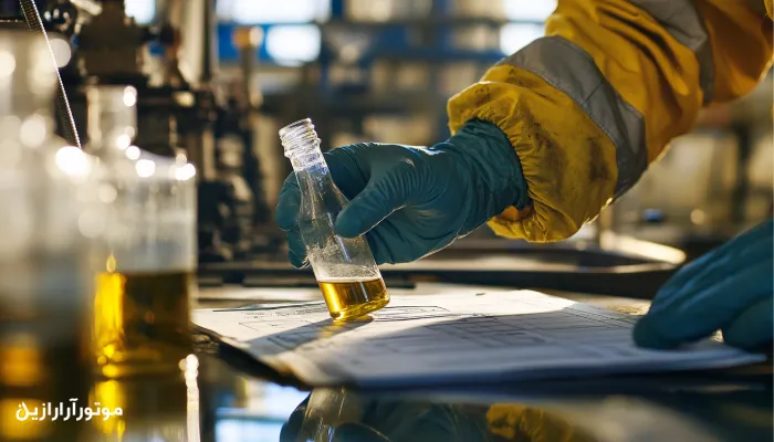 فنیکار در حال نمونهبرداری دقیق روغن از دستگاه صنعتی.