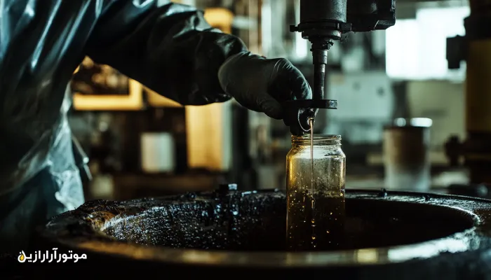 فنیکار در حال نمونهبرداری روغن از تجهیزات صنعتی با دقت بالا، استفاده از ابزار مخصوص و رعایت کامل اصول ایمنی.