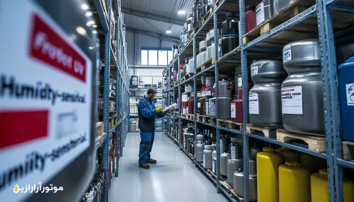 انبار نگهداری روانکارهای هوایی با ظروف منظم و برچسب‌دار روغن‌های مخصوص موتورهای توربینی و پیستونی، همراه با پایش دقیق دما و رطوبت توسط تکنسین متخصص.