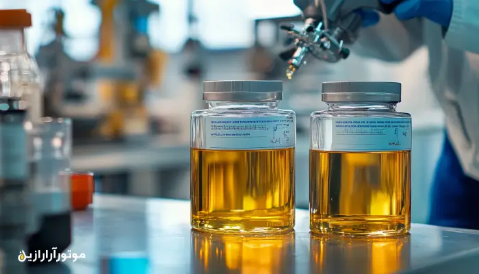 نمای نزدیک از مقایسه روغن موتور هواپیما برای موتورهای پیستونی و توربینی روی میز سرویس، با حضور تکنسین و ابزار آزمایش ویسکوزیته.