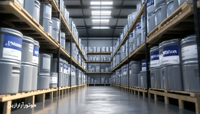 انبار صنعتی با قفسه‌هایی از بشکه‌های روانکار بهداشتی دارای برچسب استاندارد NSF مخصوص کارخانه‌های مواد غذایی، چیدمان منظم و محیط تمیز