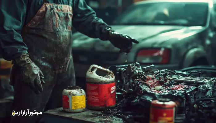 تصویری واقعگرایانه از تعمیرگاه خودرو با تعمیرکاری که به آسیب موتور ناشی از روغن نامناسب اشاره میکند
