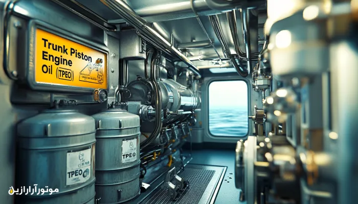 تصویری از اتاق موتور یک کشتی کوچک با نمای واضح از بشکه‌های روغن ترانک پیستون