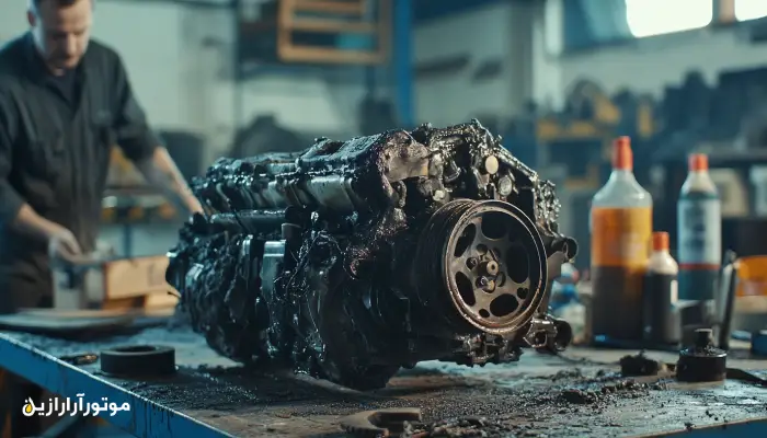 موتور خودرو با لجن سوخته ناشی از روغن بی‌کیفیت روی میز تعمیرگاه