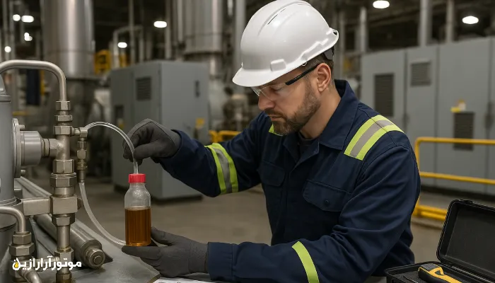 تکنسین نیروگاه در حال نمونهگیری روغن از سیستم روانکاری توربین در محیط صنعتی مدرن