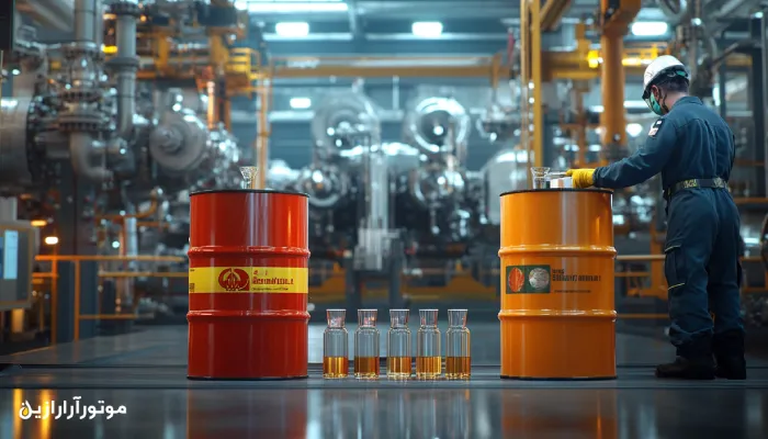 مقایسه بصری بین بشکههای روغن برندهای ایرانول، بهران و شل در یک محیط صنعتی