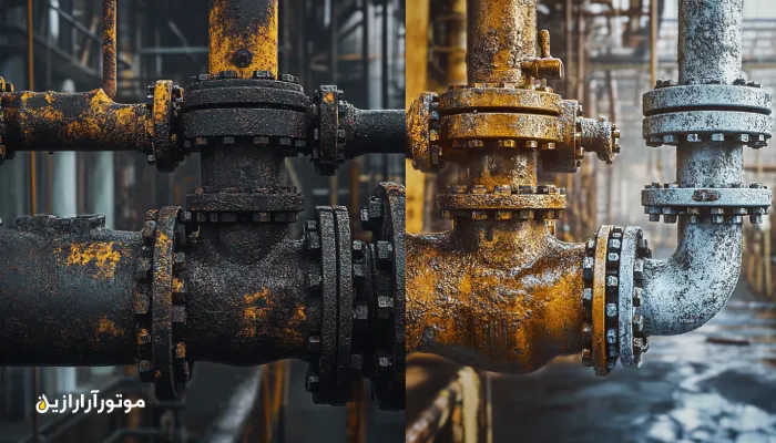 مقایسه روانکار تخصصی و عمومی؛ سمت چپ روانکار عمومی با فرسایش، سمت راست روانکار تخصصی با عملکرد بهینه.