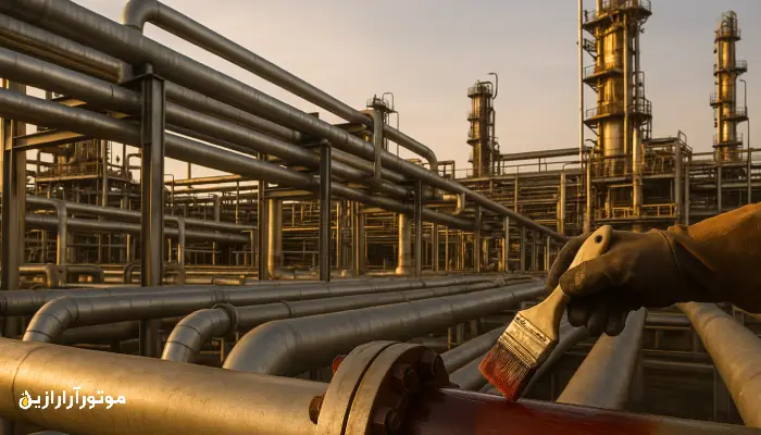 نمایی از خطوط فلزی و شیرآلات پالایشگاه با پوشش روغن ضد زنگ برای جلوگیری از خوردگی