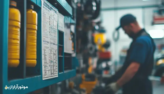 برگه راهنمای گرید روغن موتور نصب‌شده روی دیوار در کنار بطری‌های روغن و یک مکانیک در حال فعالیت در تعمیرگاه