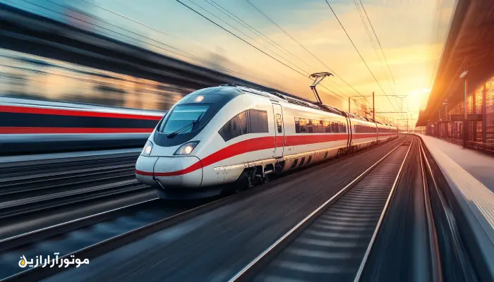 قطار سریعالسیر برقی با طراحی مدرن در حال حرکت در مسیر ریلی هنگام غروب، نماد کارایی سیستم رانش و نیاز به روغن گیربکس تخصصی در صنعت ریلی