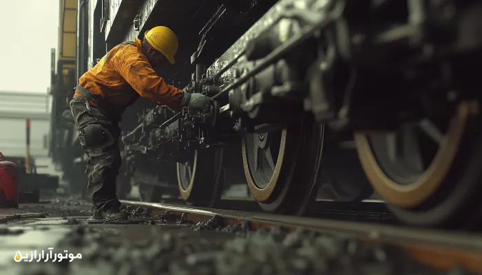 تکنسین راهآهن در حال روانکاری و بازرسی چرخهای لوکوموتیو در شرایط کاری سنگین – محیط صنعتی مرطوب و عملکرد مستقیم بر روی سامانه تعلیق ریلی