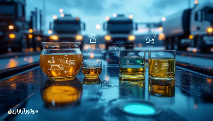 مقایسه بصری روغن موتور مناسب سنتتیک و مینرال بهصورت کنارهم، همراه با نمونههای روغن و آیکونهای فنی، با پسزمینهای از کامیونهای سنگین در محوطه سرویس