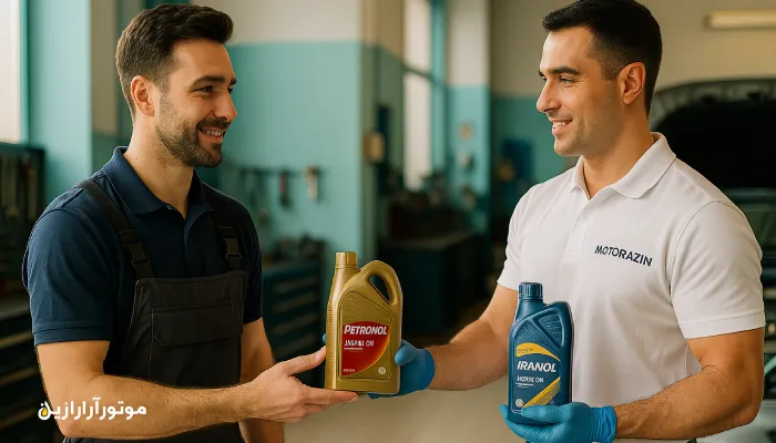 تحویل بطری‌های روغن موتور پترونول و ایرانول به تعمیرکار در تعمیرگاه تبریز توسط تکنسین موتورازین، در فضایی روشن، حرفه‌ای و مدرن.