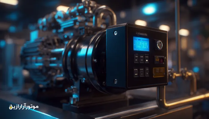نمای نزدیک از کمپرسور صنعتی در کارخانه بسته‌بندی با لوله‌کشی روغن و پنل کنترلی در حال کار