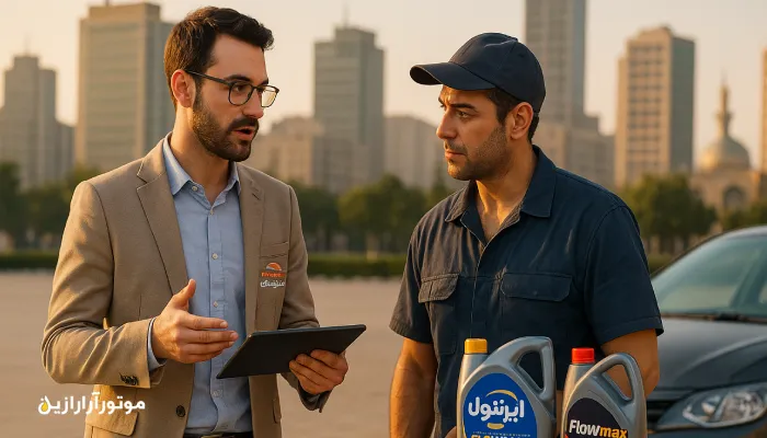 جلسه مشاوره فنی موتورازین با مکانیک خودرو در فضای باز شهری مشهد؛ بررسی مشخصات روغن موتور ایرانول و فلو مکس با تبلت و نمای شهری در پس‌زمینه