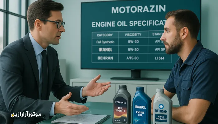 مشاوره تخصصی انتخاب روغن موتور در دفتر خدمات موتورازین تهران؛ مهندس مشاور و مکانیک حرفه‌ای در حال بررسی مشخصات فنی روغن روی صفحه دیجیتال.
