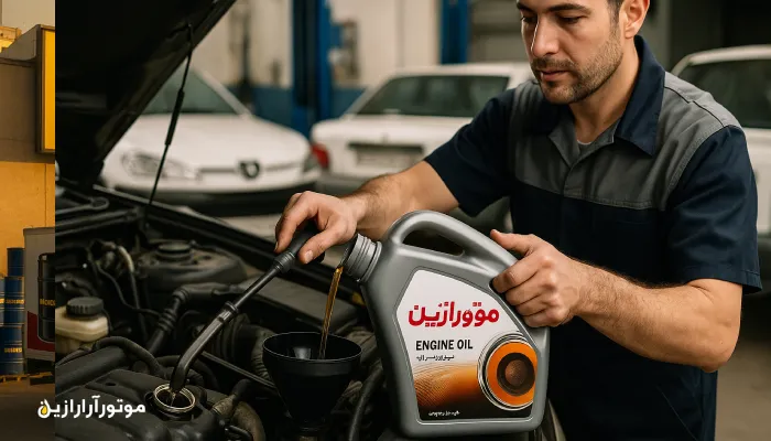 مکانیک حرفه‌ای در اتوسرویس تهران در حال تعویض روغن موتور با استفاده از بطری روغن موتور برند موتورازین، مناسب برای خودروهای ایرانی در شرایط شهری
