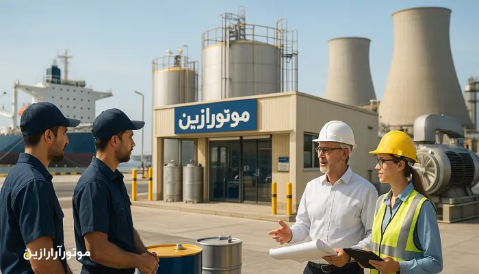 مهندسان و تکنسینها در حال هماهنگی فنی مقابل ایستگاه روانکار موتورازین در یک مجتمع صنعتی بندری با پسزمینه کشتی، برجهای خنککن نیروگاه و مخازن روغن؛ نمایی روشن و حرفهای از همکاری با صنایع سنگین