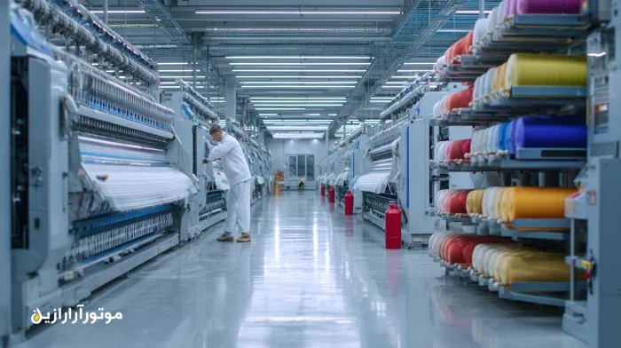 نمای نزدیک از روانکاری دستگاه در کارخانه نساجی با حضور برندهایی مانند بهران، ایرانول و پترونول — کاربرد روانکار صنعتی در خطوط چاپ و نساجی