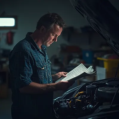 مردی در حال بررسی دفترچه راهنمای خودرو برای انتخاب روغن موتور مناسب بر اساس استاندارد سازنده