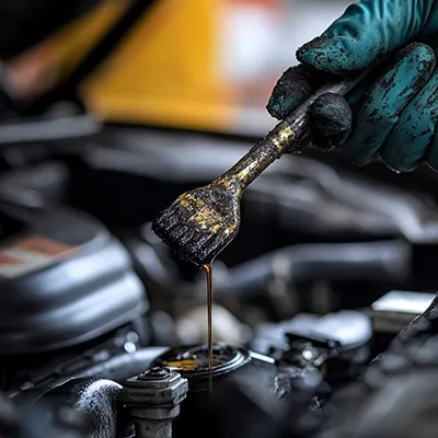 بررسی کیفیت روغن موتور با استفاده از گیج دستی توسط تعمیرکار حرفه‌ای در کارگاه خودرو