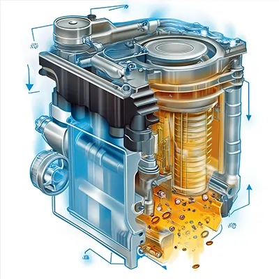 نمای شماتیک جریان گردش روغن موتور در پیشرانه خودرو برای خنک‌کاری و روانکاری قطعات داخلی