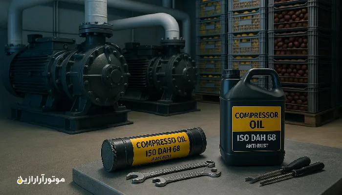 تصویر یک سردخانه در گنبکی با نمایش کمپرسورهای بزرگ و لوله‌های عایق‌شده برای سیستم‌های برودتی. در پیش‌زمینه ظرف روغن کمپرسور ISO DAH 68 ضدخوردگی روی سطح بتنی قرار گرفته و در پس‌زمینه جعبه‌های خرما و مرکبات دیده می‌شوند.