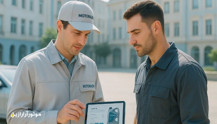 مشاوره فنی موتورازین در فضای باز تبریز؛ تکنسین با لباس کار تمیز در حال نمایش اطلاعات روغن موتور روی تبلت به مکانیک خودرو، نور روز و ساختمان‌های شهری روشن