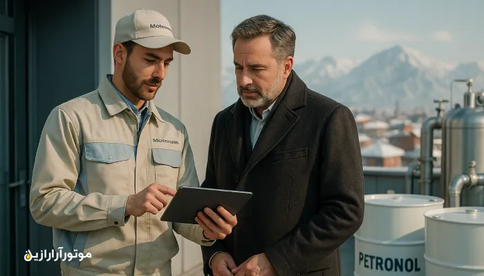 مشاوره صنعتی در ورودی یک کارخانه مدرن در هوای سرد تبریز