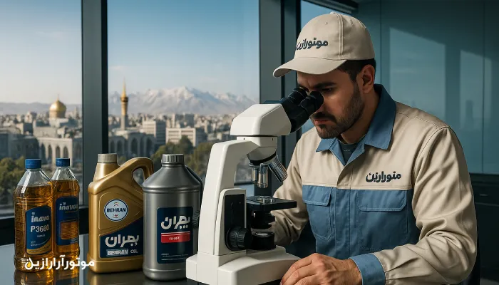 آزمایشگاه مدرن تست روغن صنعتی در مشهد با کارشناس موتورازین و نمونه‌های روغن برندهای ایرانی روی میز شیشه‌ای براق با نمای شهری مشهد