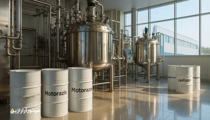 یک نمای داخلی کارخانه دارویی مدرن و لوکس با تجهیزات استیل و مخازن شیشهای براق، حس تمیزی و اعتماد صنعتی را بهخوبی منتقل میکند.