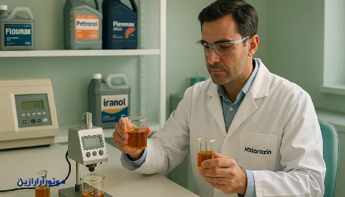 تصویر آزمایشگاه تست کیفیت روغن صنعتی موتورازین در بندرعباس، مهندس در حال بررسی ویسکوزیته و مقاومت روغن به رطوبت با تجهیزات دیجیتال و ظروف نمونه.