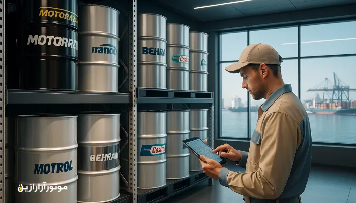 نمای داخلی انبار مدرن روغن موتور موتورازین در بندرعباس با بشکههای سفید و متالیک براق، قفسههای فلزی، کارشناس فنی با تبلت دیجیتال و چشمانداز بندر و کشتیها از پنجره شیشهای.