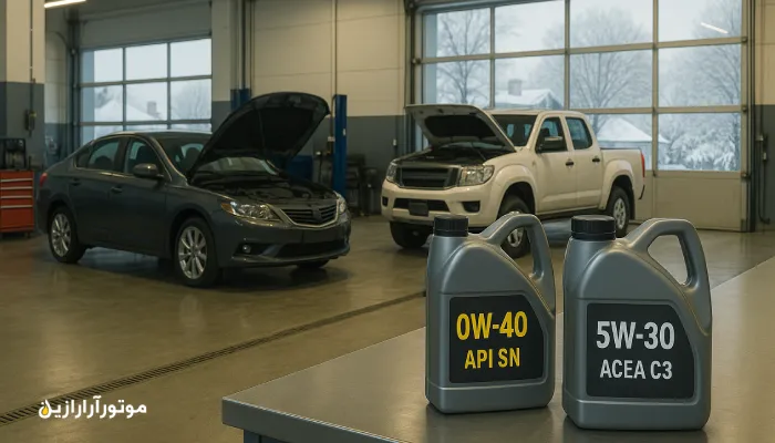 تصویر کارگاه تعویض روغن در آباده با نمایش خودرو سواری و وانت سبک در حال سرویس؛ ظرفهای روغن موتور 0W-40 و 5W-30 روی میز کار قرار دارند و منظره برفی بیرون نشاندهنده اقلیم سرد منطقه است.