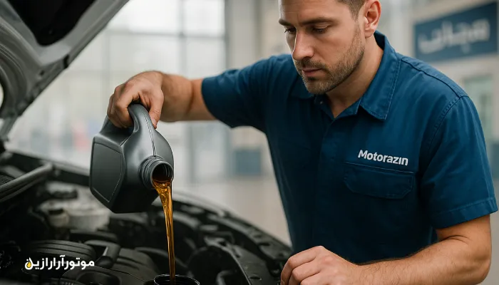 مکانیک با یونیفرم آبی موتورازین در حال ریختن بهترین روغن موتور در رشت به داخل موتور خودرو در یک تعمیرگاه مدرن با نور طبیعی.