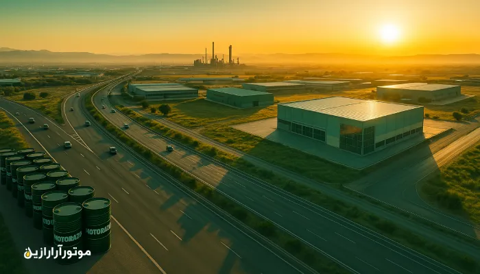 نمای هوایی روشن و طبیعی زرقان در طلوع آفتاب با بشکههای روغن موتور موتورآرارازین و پالایشگاه شیراز در پسزمینه