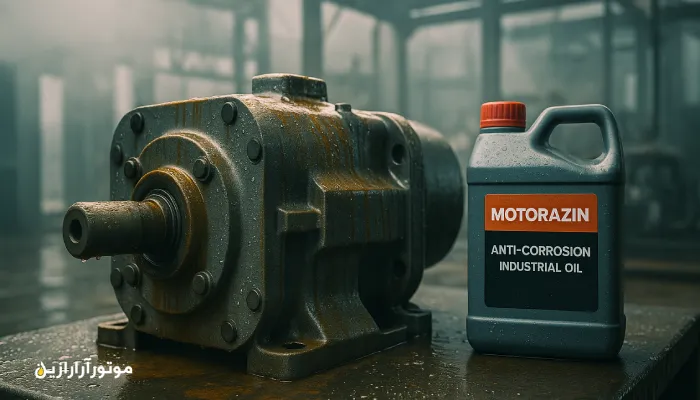 گیربکس صنعتی در کارخانه ساحلی رشت پوشیده با لایه روغن صنعتی ضدخوردگی موتورازین، مقاوم به رطوبت و شرایط مرطوب شمال