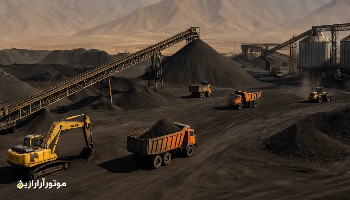 نمای معدن زغالسنگ زرند و کامیون های در حال کار