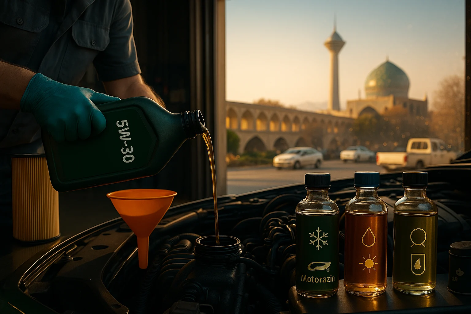 تعویض 5W-30 و کنترل کیفیت روغن موتور در اصفهان با نمونه‌گیری؛ پس‌زمینه شهری اصفهان و خدمات تخصصی موتورازین