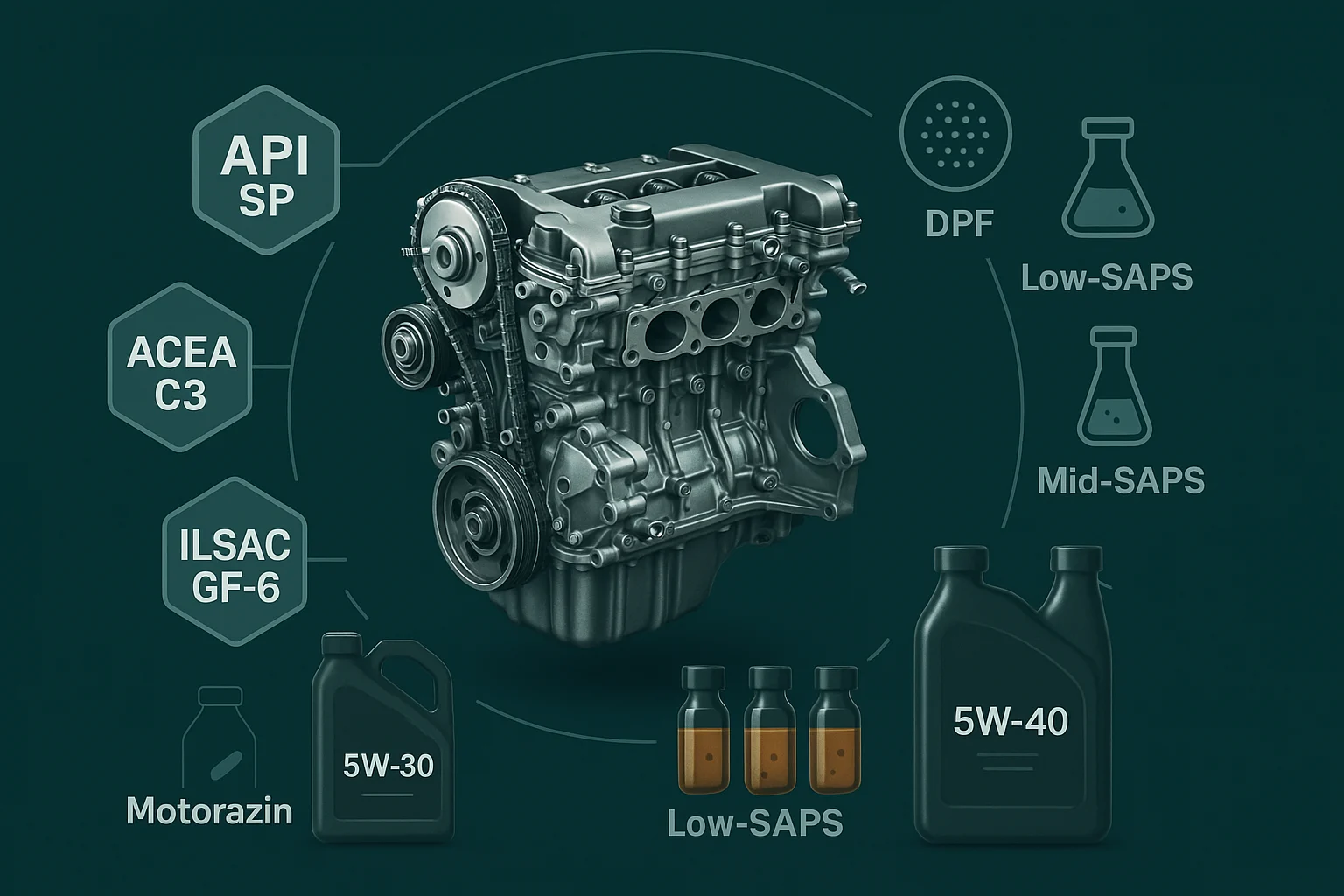 استانداردهای انتخاب روغن موتور در اصفهان: API SP، ACEA C3، ILSAC GF-6؛ فرمول Low/Mid-SAPS برای موتورهای مجهز به DPF؛ 5W-30 و 5W-40