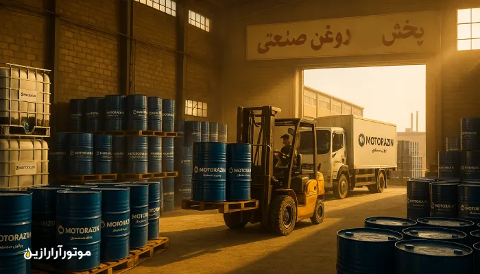 انبار صنعتی در اصفهان با بشکههای روغن صنعتی برند موتورازین و لیفتراک در حال بارگیری برای ارسال به صنایع