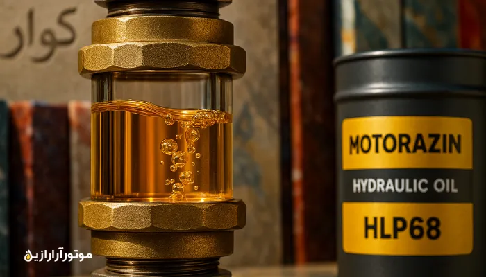 پخش عمده روغن صنعتی در کوار؛ جریان روغن هیدرولیک HLP68 موتورازین در دستگاه سنگ‌بری با پس‌زمینه سنگ‌های مرمر رنگی