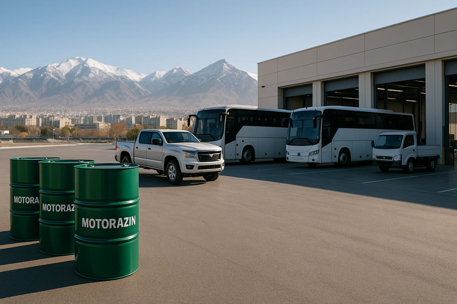 روغن موتور در مشهد – حیاط تعمیرگاه ناوگان با اتوبوس‌ها و پیکاپ کنار بشکه‌های موتورازین؛ سرویس‌دهی به ناوگان شهری در هوای کوهستانی.