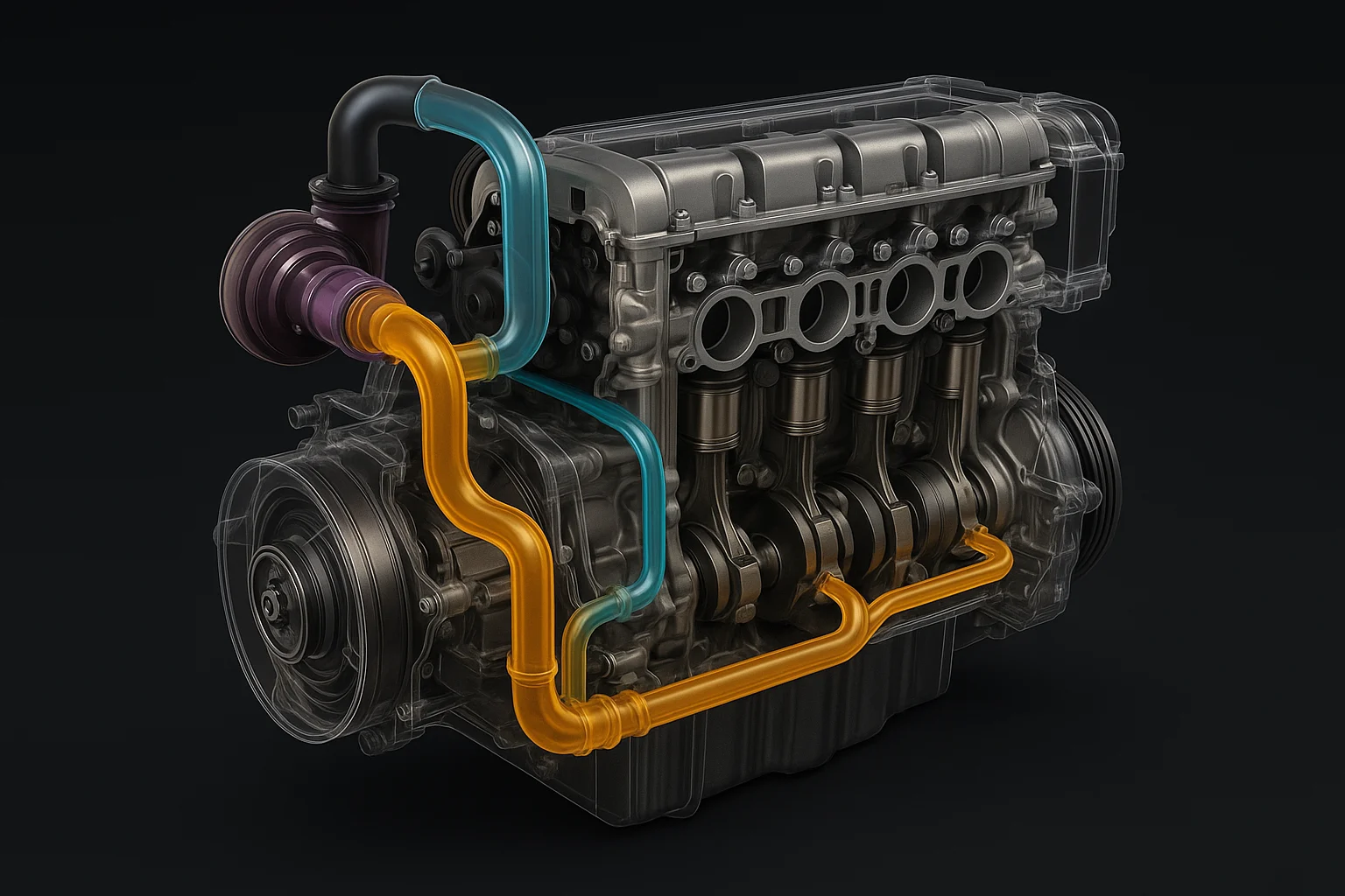 روغن موتور در مشهد – نمای شماتیک سه‌بعدی موتور با مسیرهای رنگی گردش روغن برای انتخاب گرید مناسب در اقلیم سرد و گرم مشهد.